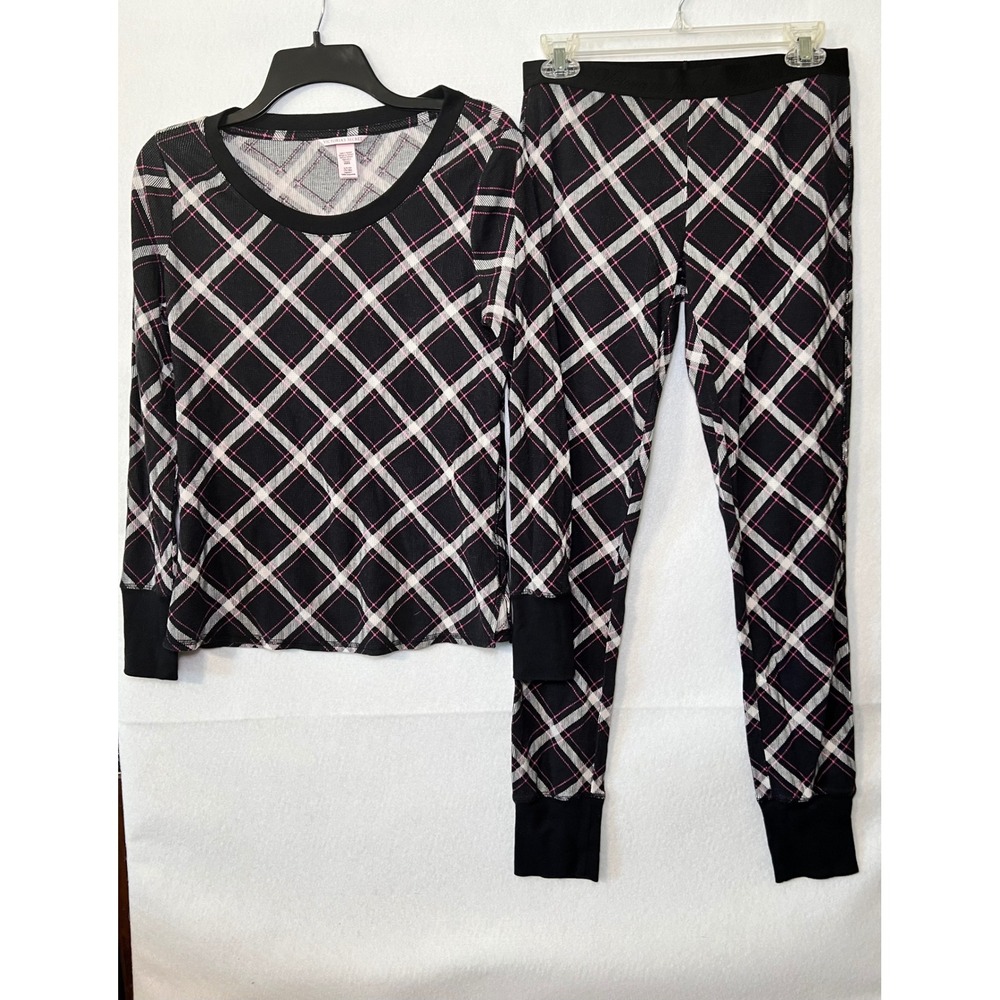Victoria's Secret Black Pink Cozy Comfy Playful Plaid Thermal PJ Set Size Small